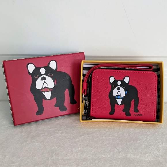 marc tetro Frenchie Print Wallet Wristlet Zip Around PVC Saffiano Red NWT - Picture 13 of 13